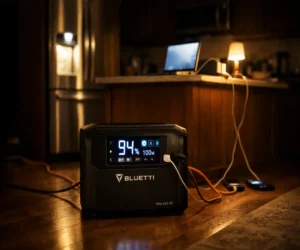 BLUETTI power station Elite 200 V2 providing emergency home backup
power in modern kitchen during power outage with laptop refrigerator
and lights running on LiFePO4 battery