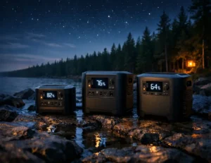 Bluetti power station lineup including Elite 200 V2 Elite 300 and
Apex 300 displayed outdoors in Northern Michigan forest setting at
dusk with warm ambient light