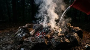 Campfire being properly extinguished with water at night — camping fire safety tip for 2026