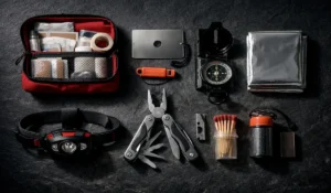 Camping safety essentials laid out including first aid kit, headlamp, compass, whistle, and emergency blanket for 2026 camping season