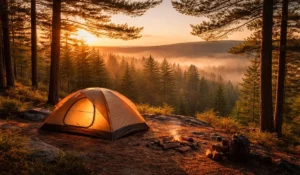 Well-pitched tent at sunrise on safe elevated campsite in Northern Michigan forest — camping safety done right 2026