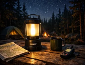 Coast EAL35R voice-controlled camping lantern glowing on a wooden camp table at a solo backcountry basecamp in a Northern Michigan forest at night.