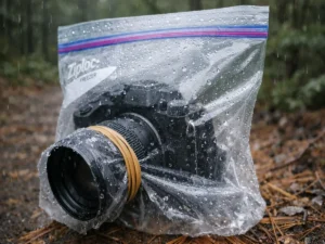 Camera body protected inside DIY Ziploc freezer bag rain sleeve with rubber band lens seal during light rain on Northern Michigan trail — cheap waterproofing hack field tested by Outdoor Tech Lab