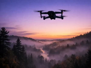 DJI drone hovering over Manistee River valley at dawn in Northern Michigan