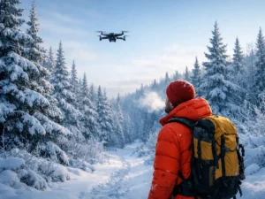 DJI drone flying in cold winter conditions over Northern Michigan forest