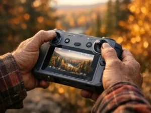 Outdoor content creator holding a DJI drone controller in Manistee National Forest