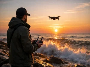 Outdoor pilot flying a DJI drone over Lake Michigan shoreline at sunrise