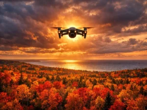 DJI drone flying over Northern Michigan autumn colors toward Lake Michigan
