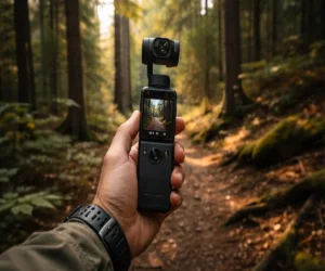Insta360 GO Ultra vs DJI Osmo Pocket 3 cinematic gimbal test — DJI Osmo Pocket 3 held handheld on forest trail at Manistee National Forest