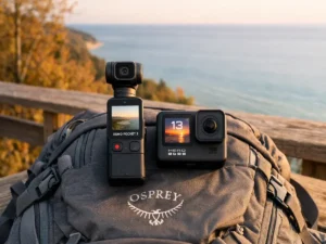 DJI Osmo Pocket 3 and GoPro Hero 13 Black side by side on a trail pack in Northern Michigan