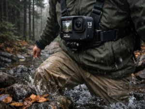 GoPro Hero 13 Black chest mounted on hiker crossing creek on North Country Trail in Northern Michigan during rain — field tested by Outdoor Tech Lab