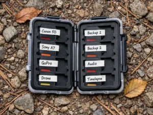 Kiorafoto hard-shell SD card case open on rocky Northern Michigan trail showing labeled memory card slots — how to protect camera gear hiking with proper SD card storage by Outdoor Tech Lab