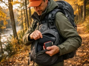 Hiker on Manistee River Trail in Northern Michigan unzipping pack to reveal SD card case and tech pouch — how to protect camera gear hiking field tested by Outdoor Tech Lab