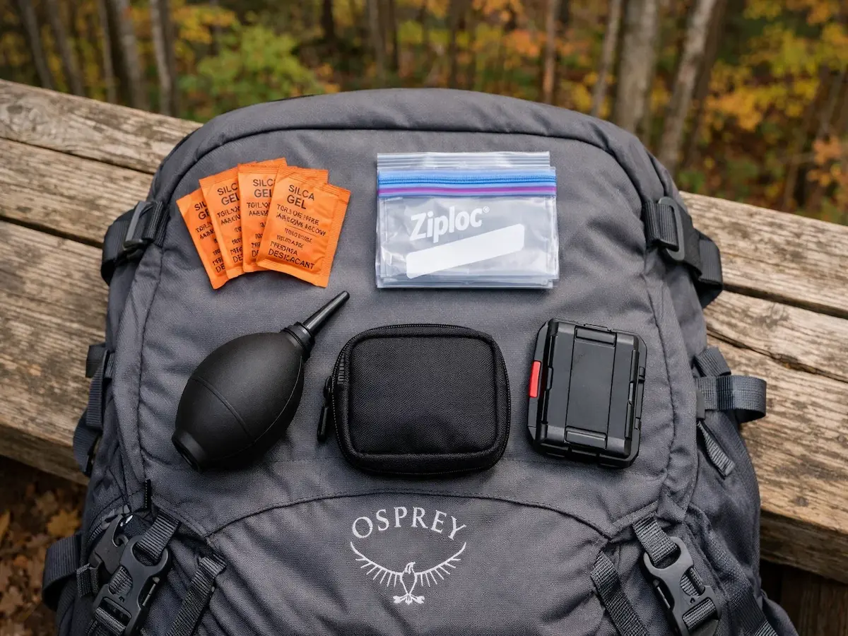 Silica gel packets, SD card case and air blower laid out on a hiking pack in Northern Michigan forest — how to protect camera gear hiking by Outdoor Tech Lab