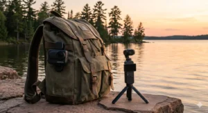 Insta360 GO Ultra vs DJI Osmo Pocket 3 buying guide comparison with both cameras resting on hiking pack at Northern Michigan lake shoreline