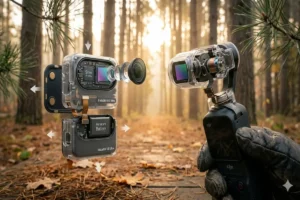 Exploded view comparing the Insta360 GO Ultra 5nm AI chip and modular core versus the DJI Osmo Pocket 3 3-axis mechanical gimbal assembly.