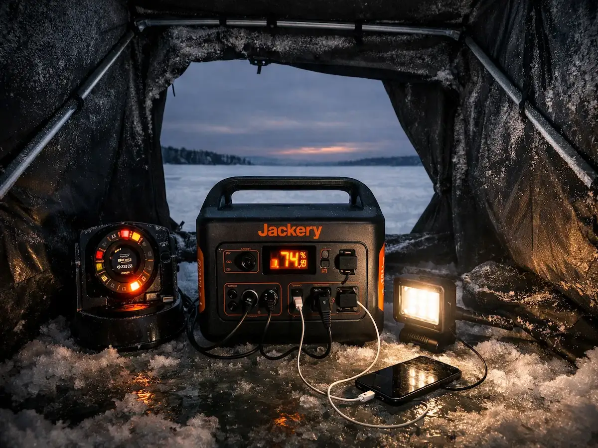Jackery Explorer 1000 v2 Ice Fishing Power Hub — Northern Michigan Winter Field Test Jackery Explorer 1000 v2 long-term test powering ice fishing shelter setup on frozen Northern Michigan lake
