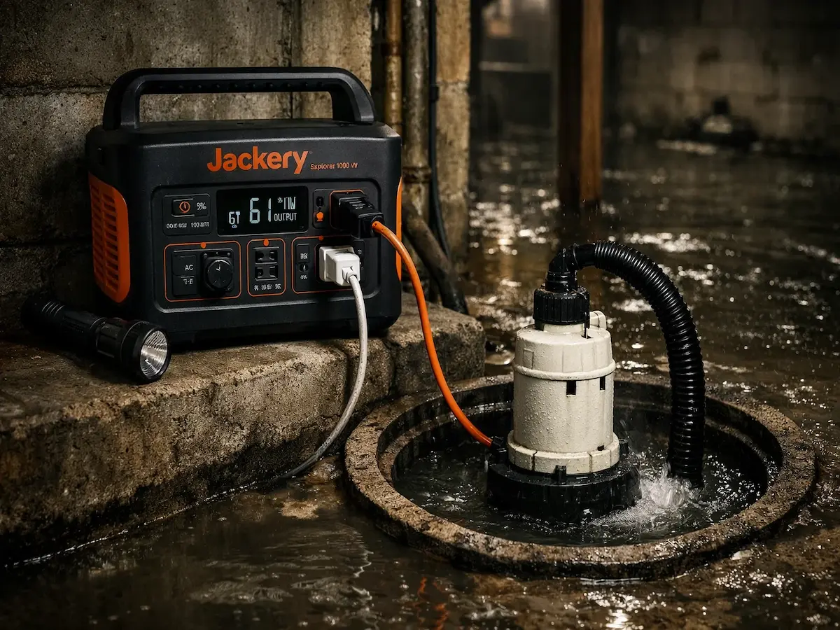 Jackery Explorer 1000 v2 Running Sump Pump During Michigan Snowmelt — Long-Term Test Jackery Explorer 1000 v2 long-term test powering residential sump pump during March snowmelt emergency in Michigan basement