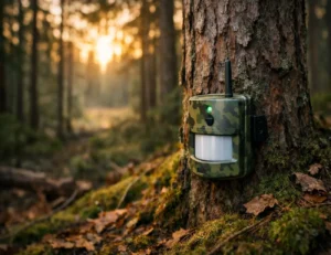 LETWESAF wireless radar motion sensor mounted on a pine tree at a solo camping basecamp in a Northern Michigan forest at dusk.