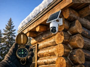 Solar security camera installed at 12 feet on south-facing log cabin wall — remote cabin installation tip from Outdoor Tech Lab