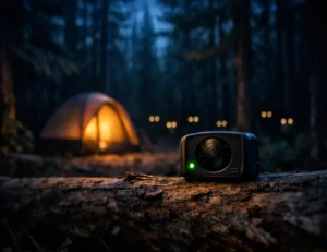 Solo camping gear radar perimeter system detecting coyote eyes lurking in dark forest behind tent at night during Outdoor Tech Lab testing