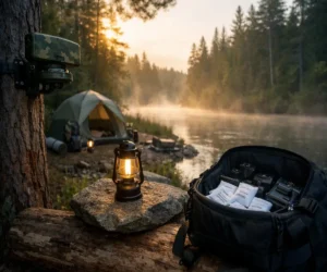 Solo camping gear laid out at a remote Northern Michigan riverbank basecamp at dawn including a radar sensor, voice-controlled lantern, and desiccant packs ready for deployment.