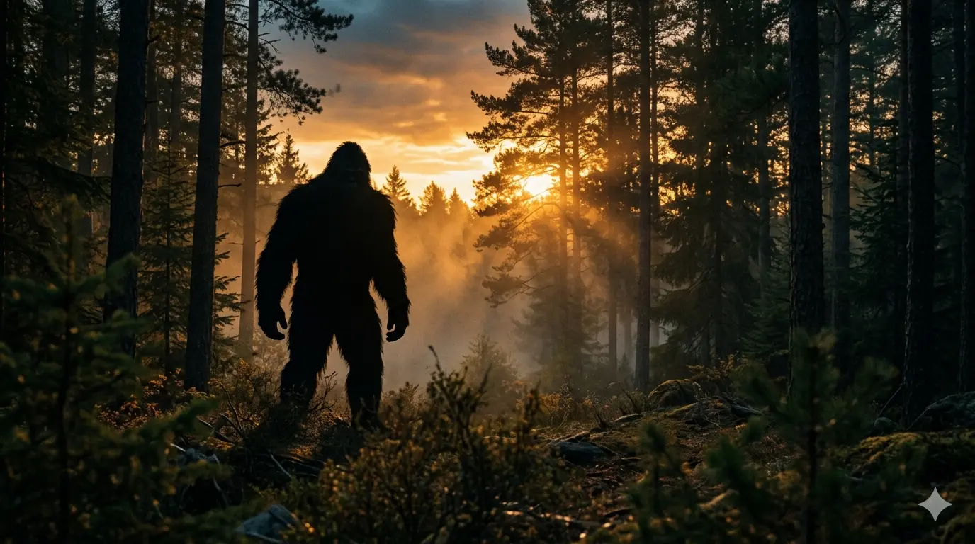 What is Bigfoot — large dark silhouette at edge of Northern Michigan pine forest at dusk representing 2026 Ohio Sasquatch flap