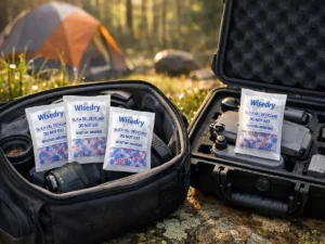 Wisedry 100g reusable desiccant packs with blue and pink color indicator beads placed inside an open camera bag and drone case at a backcountry basecamp.