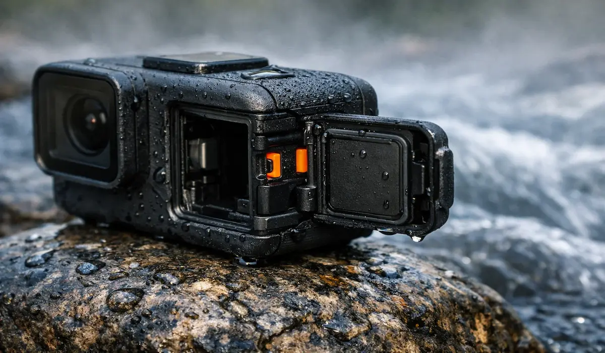 DJI-style action camera battery door propped open on wet granite river rock — the Burp technique for internal pressure equalization before submersion