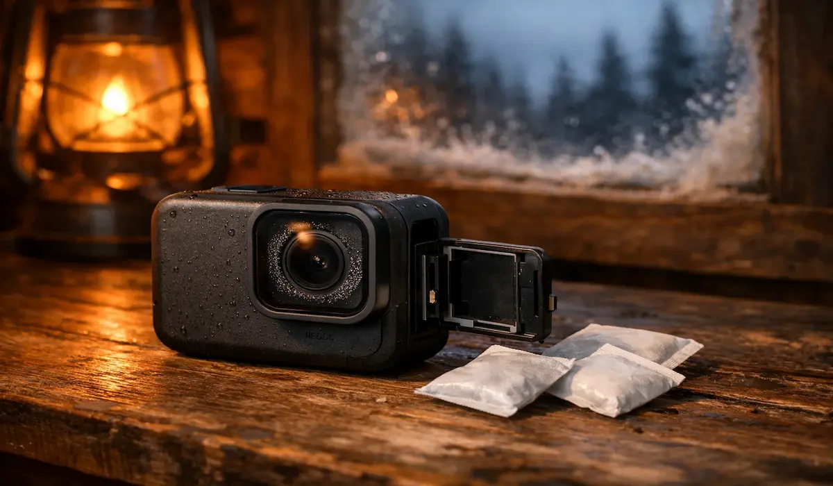 Action camera with battery door open beside silica desiccant packets in dry bag — overnight storage method to protect action camera waterproof features from internal condensation