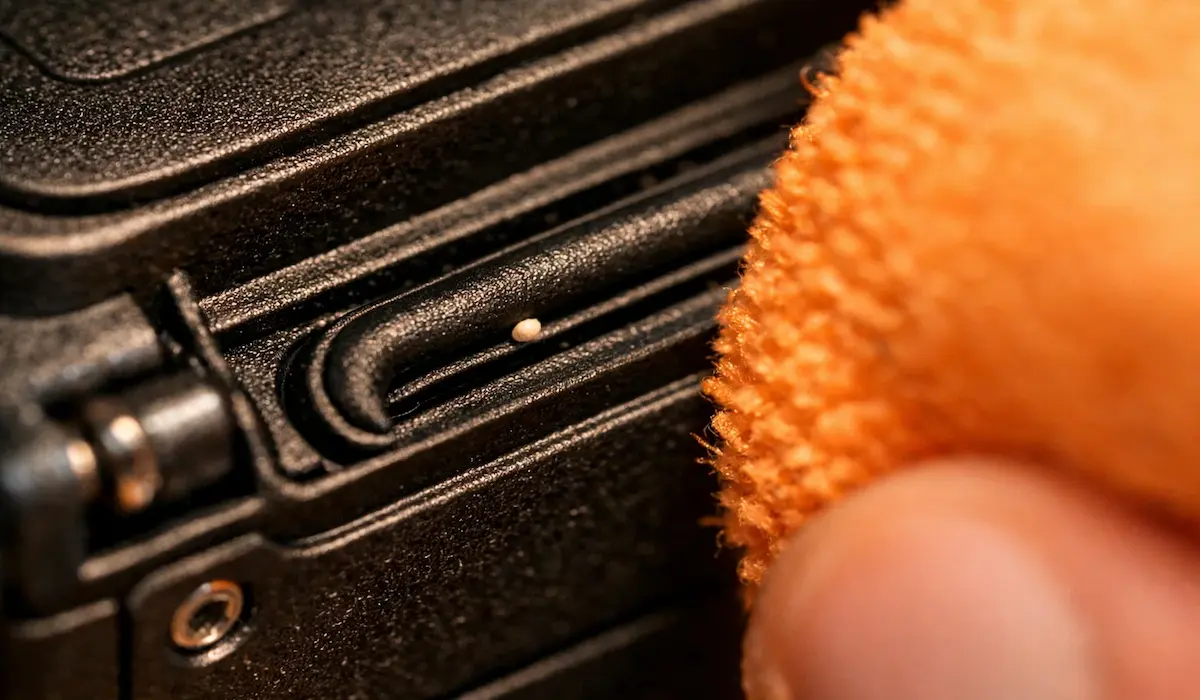 Extreme close-up of action camera rubber gasket with grain of sand in seal groove — pre-dive microfiber wipe technique to prevent waterproof failure
