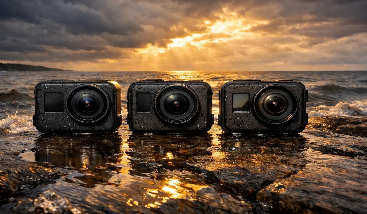 Three flagship action cameras on wet Great Lakes shoreline comparing action camera waterproof features and native depth ratings for 2026
