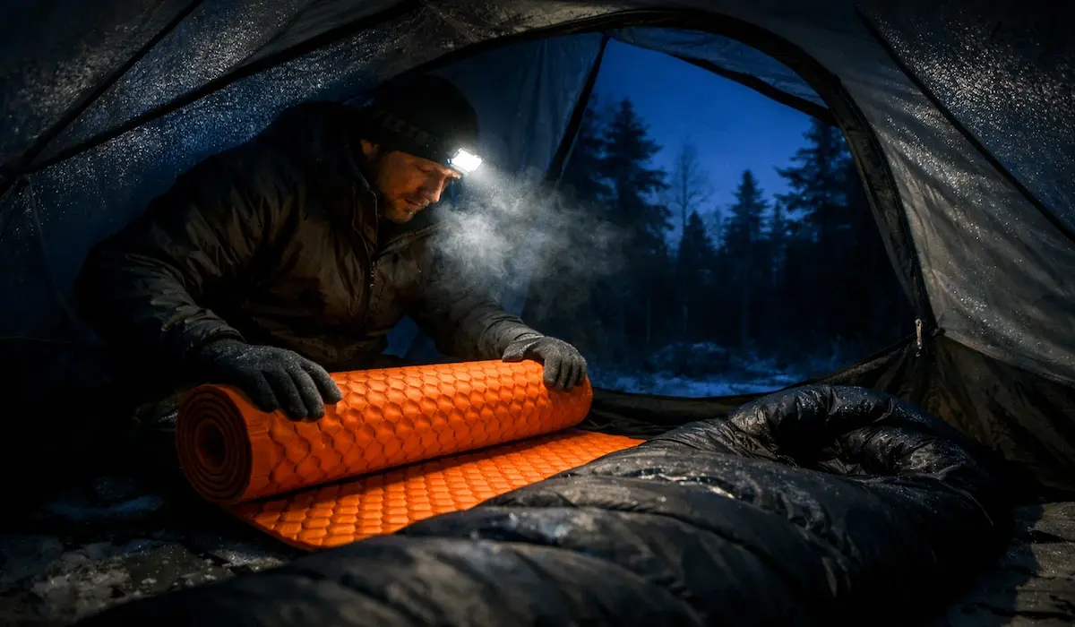 Solo backpacker with foam sleeping pad and sleeping bag at cold pre-dawn campsite in Northern Michigan pine forest — outdoor gear field tested across backcountry conditions