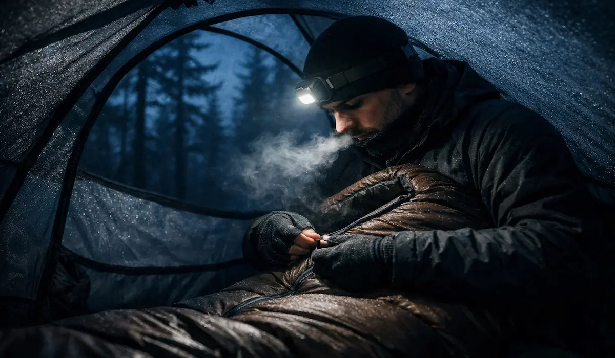 Solo backpacker zipping up mummy sleeping bag at cold pre-dawn campsite in Northern Michigan pine forest — real-world backpacking sleeping bag temperature selection beyond ISO lab rating