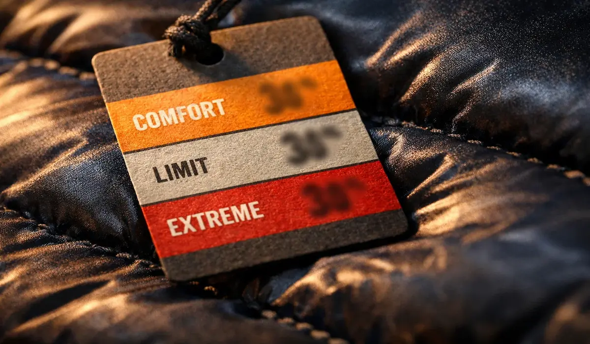 Close-up of backpacking sleeping bag hang tag showing ISO comfort limit and extreme temperature ratings — most bags advertise the limit not the comfort rating
