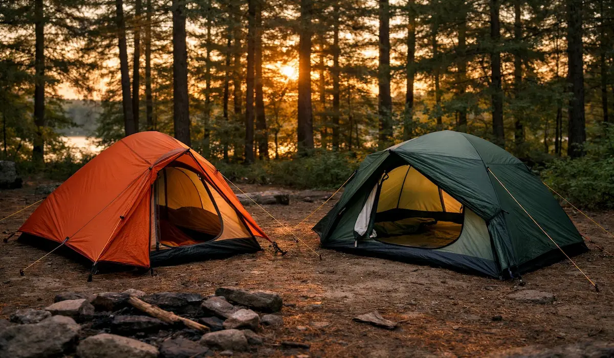 Two backpacking tents pitched at a Northern Michigan forest campsite at dusk showing shelter options for spring backcountry camping
