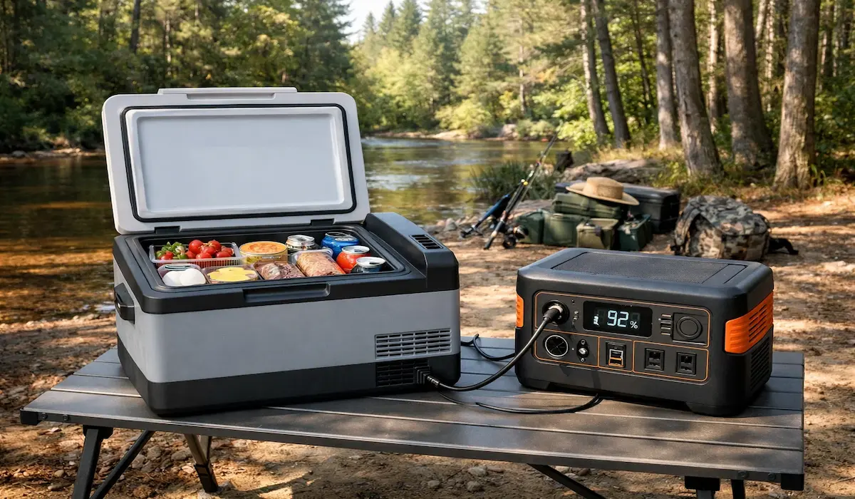 Best 12V compressor fridge for off-grid power station connected at Pere Marquette River basecamp Michigan 2026