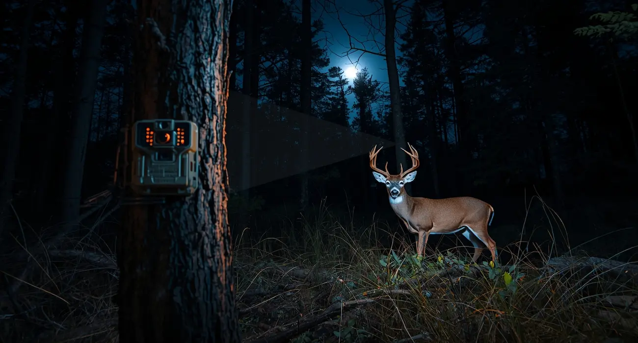 Browning Defender Pro Scout Max HD AI trail camera with 46MP resolution and 0.25s trigger speed in nighttime forest