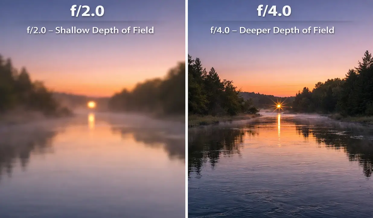 DJI Action 6 aperture comparison f/2.0 vs f/4.0 Starburst mode on Manistee River Michigan dawn light