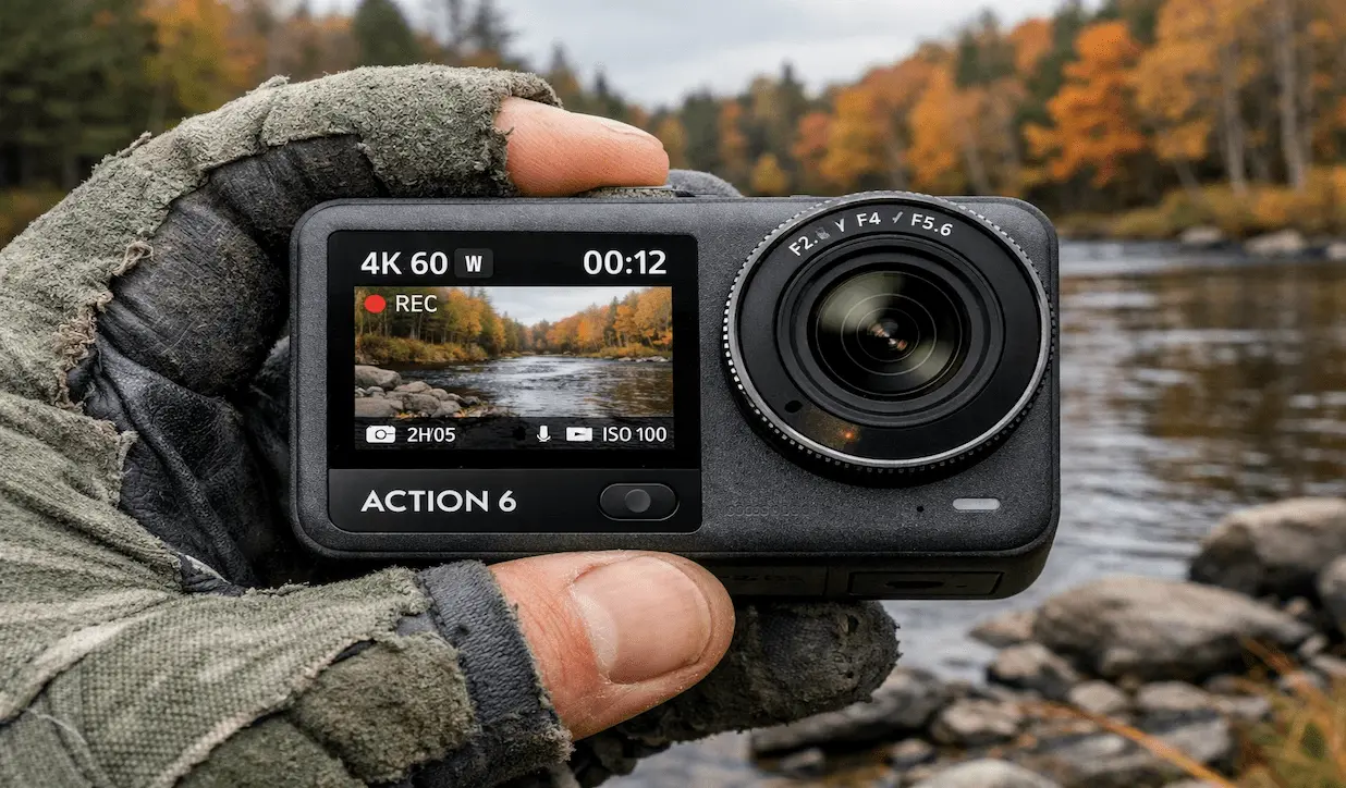 DJI Action 6 held in hand on Northern Michigan riverbank showing dual OLED screens and variable aperture lens