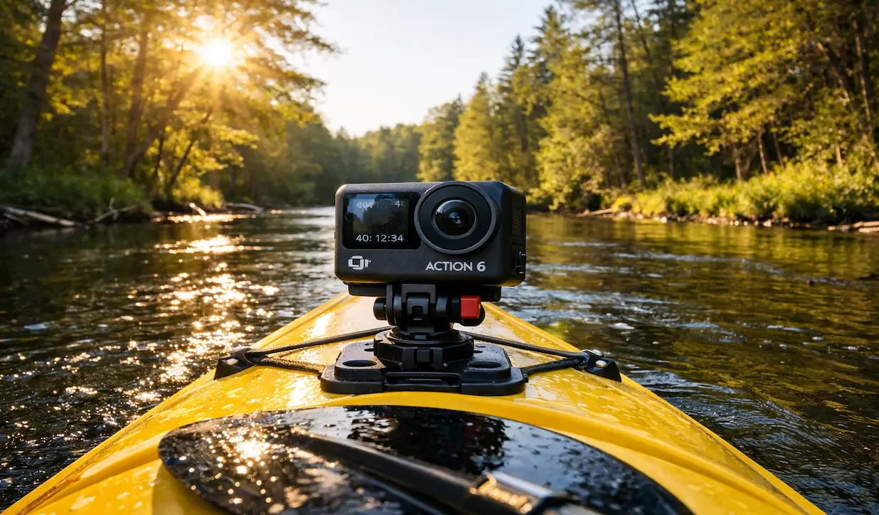 DJI Action 6 mounted on kayak with Dual-Direction Quick-Release system on Pere Marquette River action shot