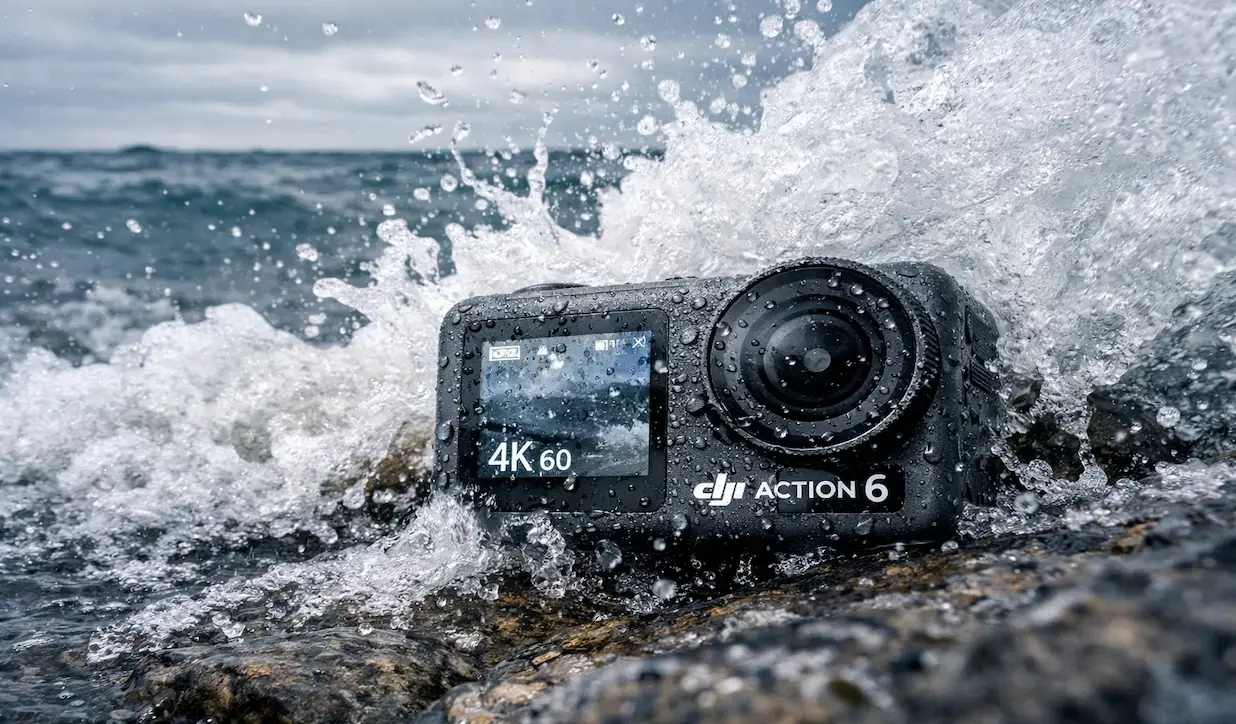 DJI Action 6 taking wave splash on Lake Michigan shoreline testing 20 meter caseless waterproof rating