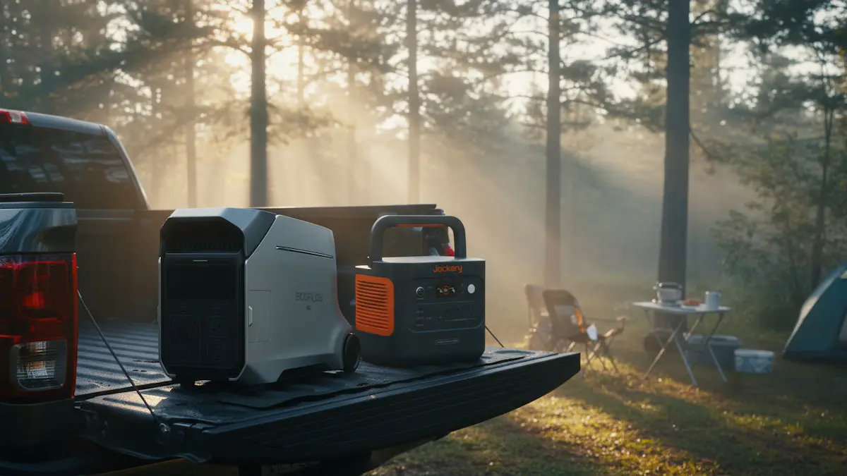 EcoFlow DELTA Pro 3 vs Jackery Explorer 2000 v2 side by side at a basecamp in Manistee National Forest Michigan
