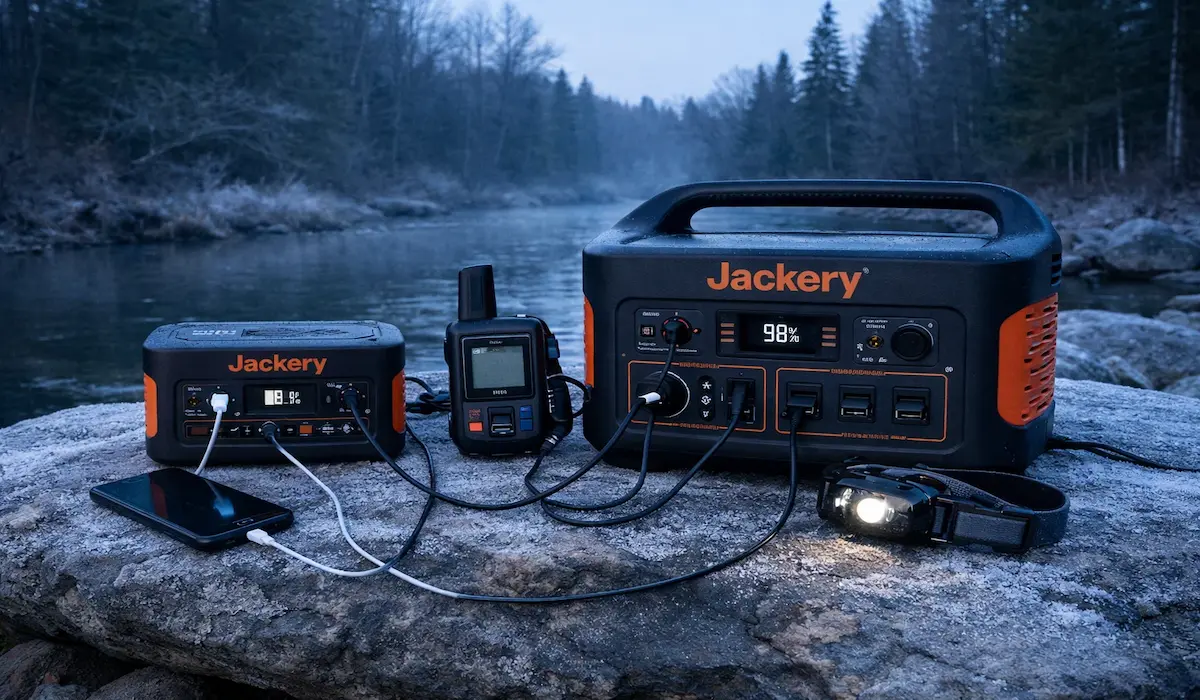 Jackery Explorer 300 and Jackery 1000 v2 portable power stations field tested at a Pere Marquette River corridor basecamp in Northern Michigan