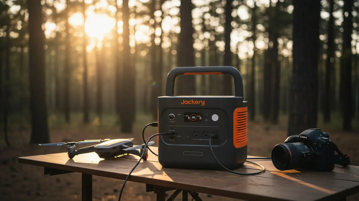 Jackery Explorer 2000 v2 portable power station powering basecamp gear tested by Outdoor Tech Lab in Manistee National Forest Michigan