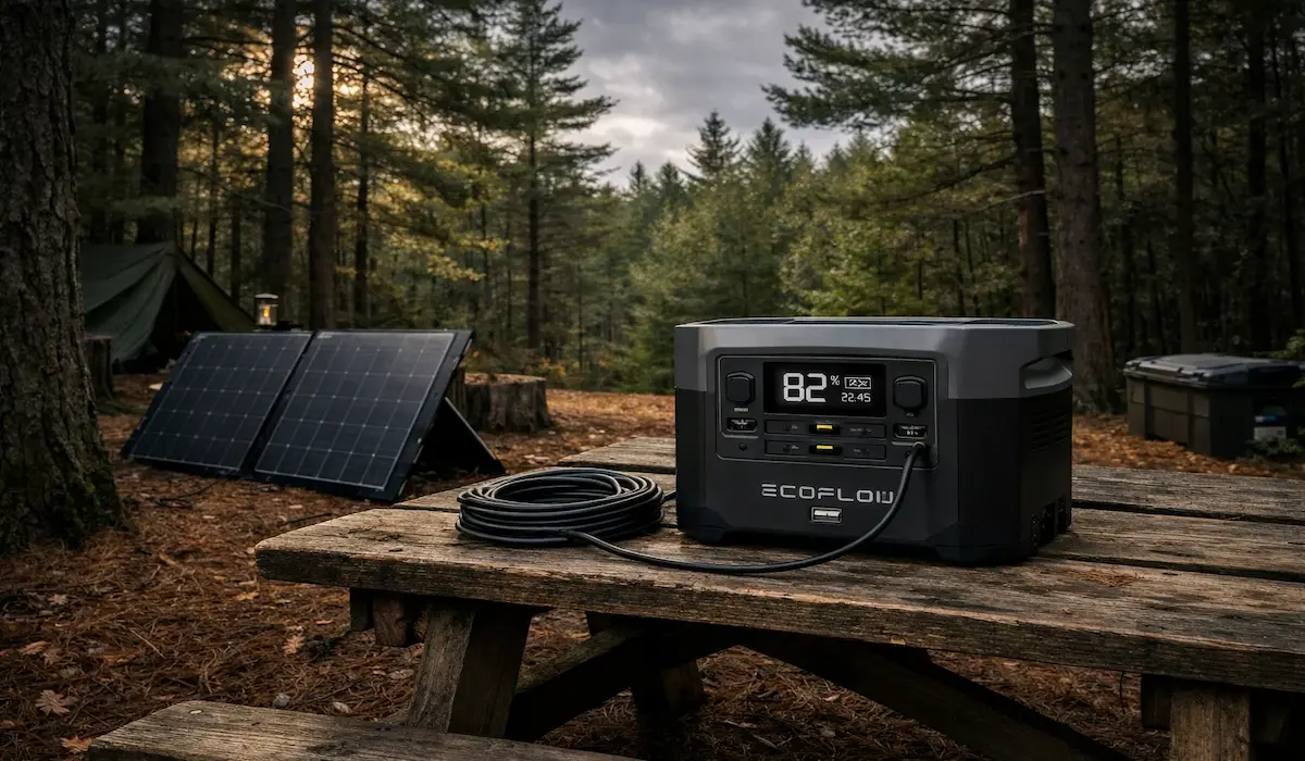 Off-grid solar setup with LFP power station running basecamp gear in Manistee National Forest 2026