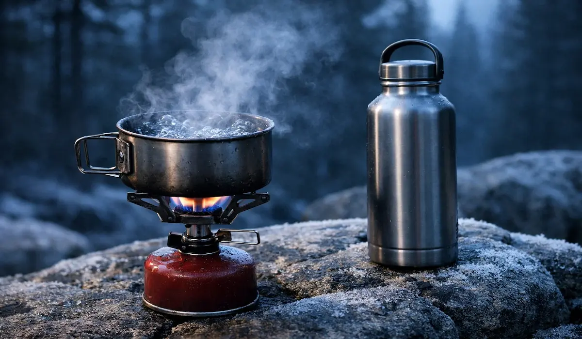 Ultralight canister backpacking stove boiling water beside a stainless steel insulated water bottle at a Northern Michigan backcountry campsite at dawn
