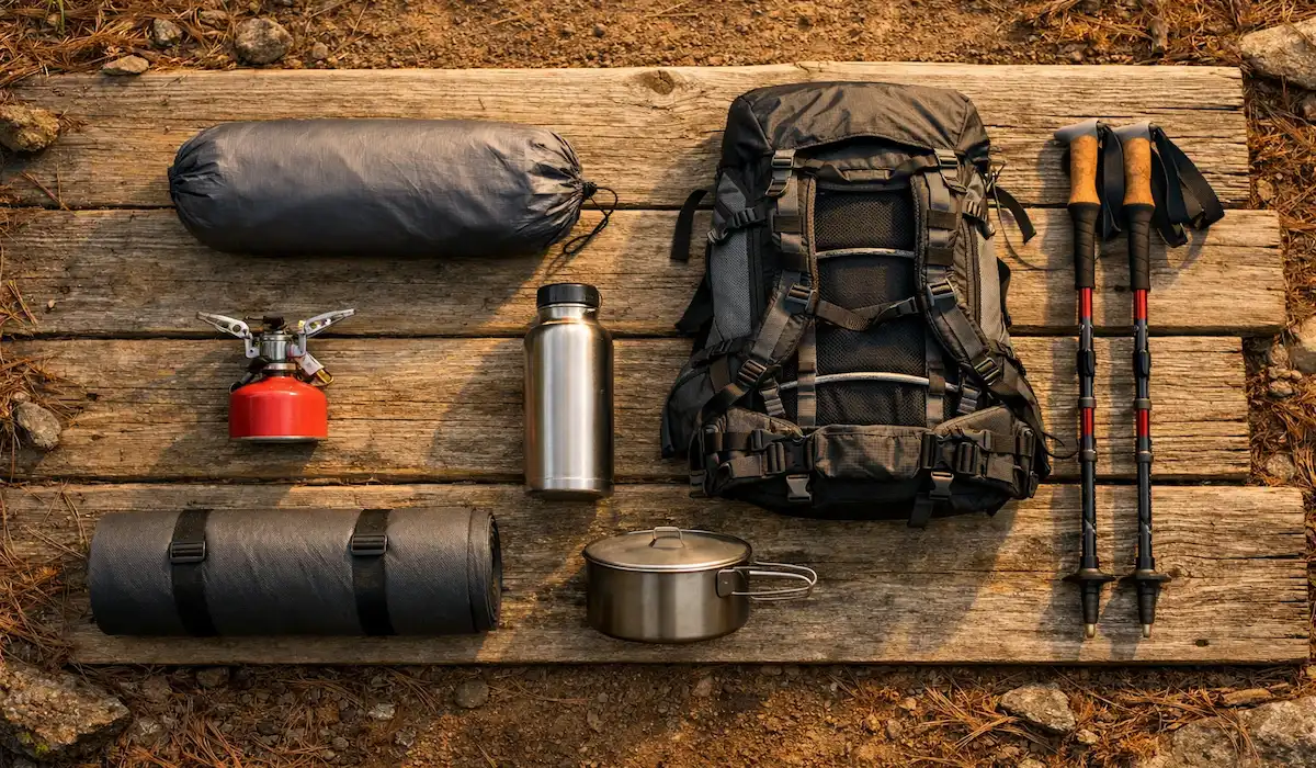 7 outdoor gear items laid out at a Northern Michigan backcountry campsite including ultralight tent backpack stove water bottle and sleeping pad
