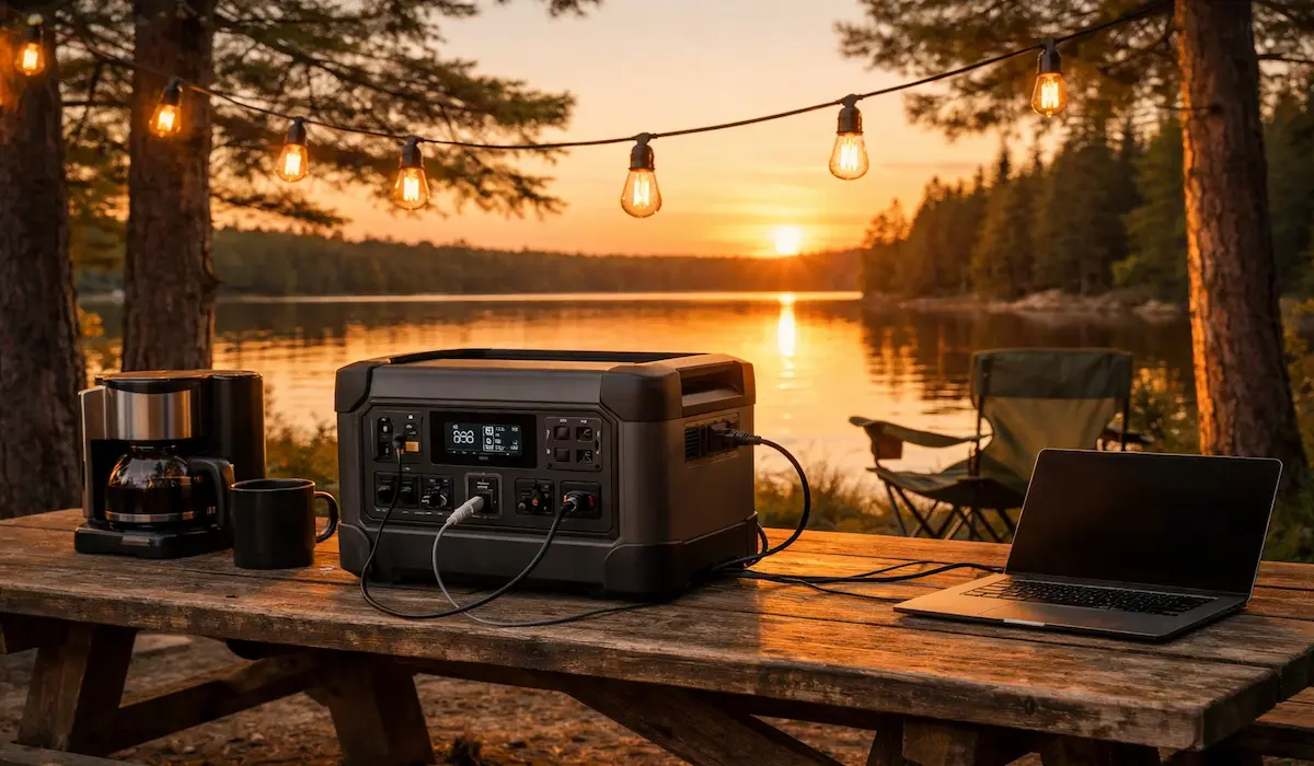 Large portable power station powering campsite lighting and devices at a Northern Michigan lakeside campsite at golden hour
