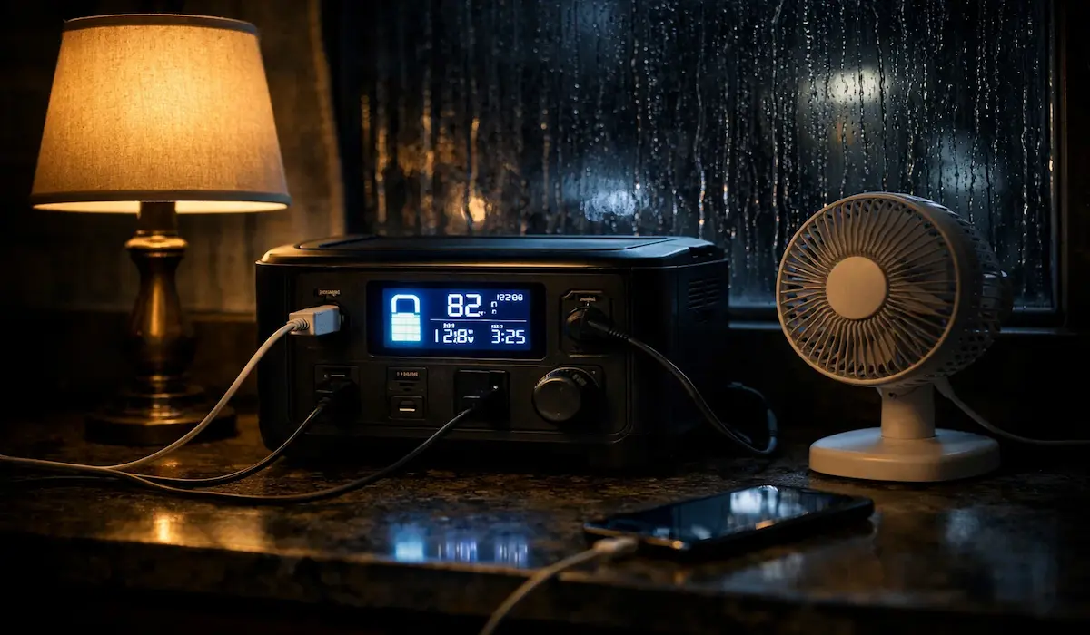 Compact portable power station powering home appliances during a nighttime power outage — best portable power stations for home backup 2026